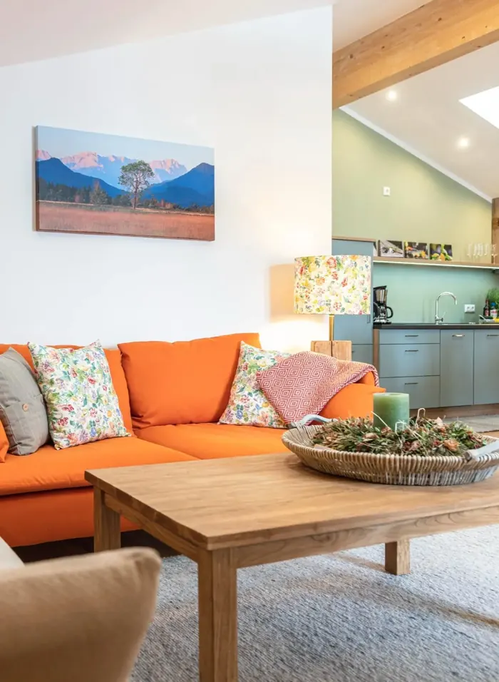 Wohnzimmer der Wohnung Xaver unter der Dachschräge mit orangem Sofa